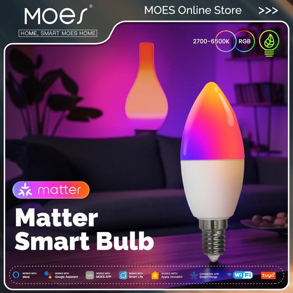 MOES Tuya Matter WiFi Smart Bulb Dimmable Led Light 16 Million RGB Colors E14 Candle Lamp Voice Control Alexa Google Home 260324