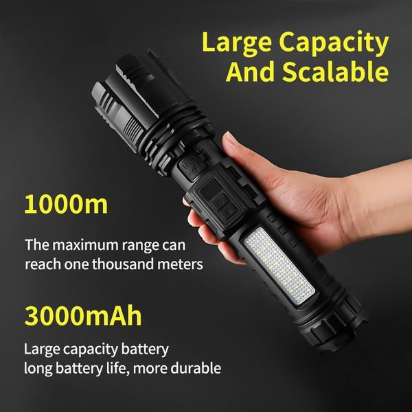 Outdoor Super Bright Solar Flashlight, Telescopic Zoom Long Range Aluminum Alloy Rechargeable Searchlight