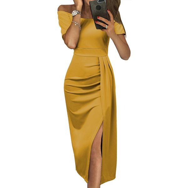 (191) New Arrival: Women's Solid-Color Waist-Cinching Dress Summer Slim-Fit, Off-the-Shoulder, Side-Slit Maxi Dress