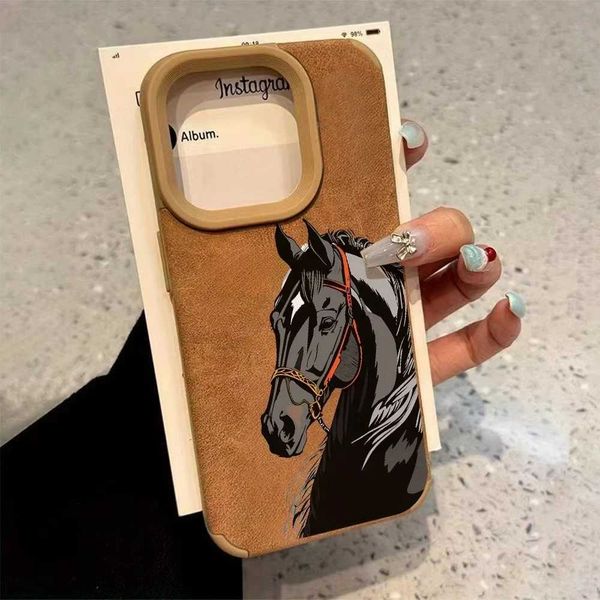 Luxury Stylish Black Horse Pattern Matte Faux Leather Suede Phone Case For 17 16 15 14 13 12 11 Pro Max Plus Air XS Cover L260523
