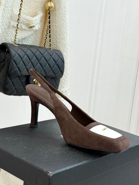 HIGH Quality Women Suede & Leather Slingback Heels, Square Toe Kitten Heel Pumps with Logo Detail, Elegant High Heel Shoes for Ladies, Perfect for Office,