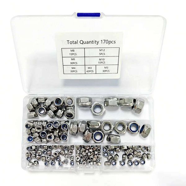 165/170pcs Nylon Lock Set anti-slip hex nuts M3-M12 Hexagon Locknut Self Locking Nut Assortment Kit DIN985