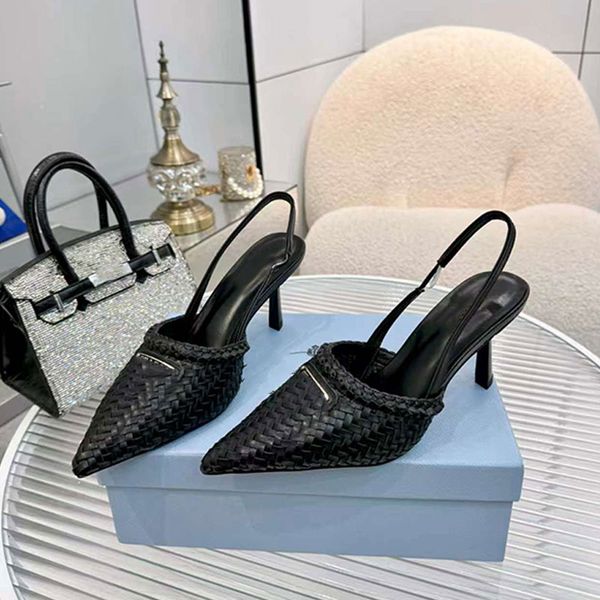 Fashion Women's Leather Slingback Pumps 1I427O Designer Knit Diagonal Buckle High Heels Luxury Women's Pointed Tip Sandals Rubber Sole Size 35 42