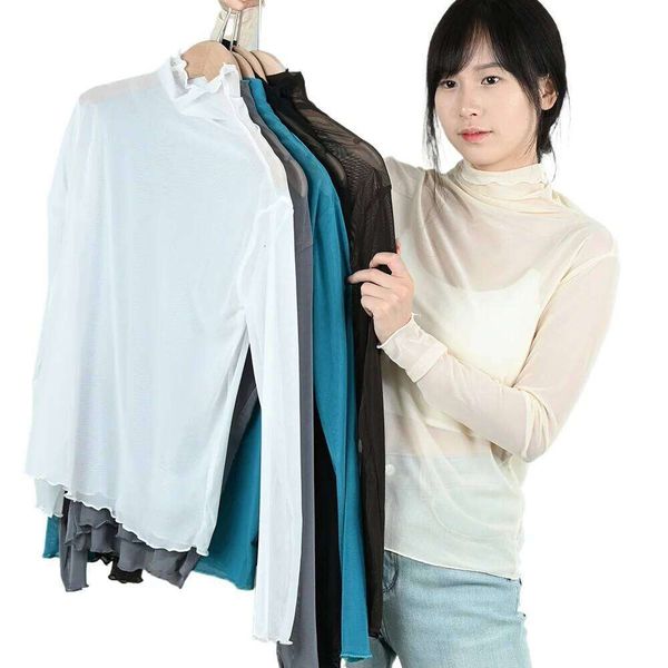 Sexy Women Mesh T Shirts See Through Transparent Tops Long Sleeve Sheer Slim Ladies Solid Turtleneck Silk T-Shirt Lace Crop Top