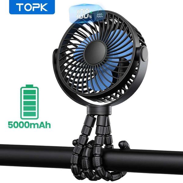 TOPK 5000mah Stroller Portable Mini USB Rechargeable Outdoor Electric Fan 4 gear Speed 360°Degree Rotata & Digital Display