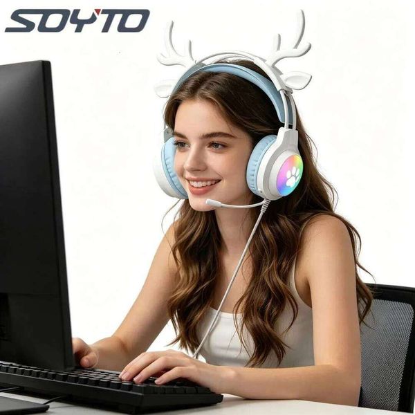 SOYTO 4-Color Detachable Deer Ear Headset RGB Glowing Wired Gaming Headphones Noise Reduction Bass for Computer All Devices