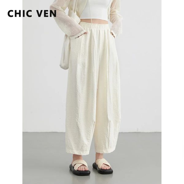 CHIC VEN Women White Pants Solid Casual Elastic Waist High Waisted Pleated Wide Leg Female Trousers Fold Summer Clothing