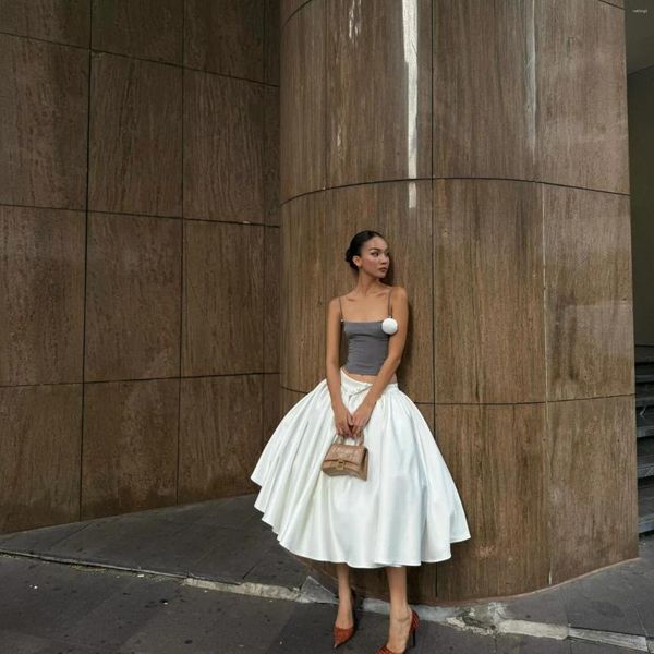 Skirts Elegant White A-Line Midi Skirt For Women High Waist Satin Full Flared Office Party Wedding Guest Dress 2026 Fashion