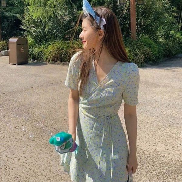 Bestseller Collared Floral For Women, Vintage French Niche, Petite, Gentle Style, First Love Dress, Lake Blue, Patchwork Midi Dress Ddmysat