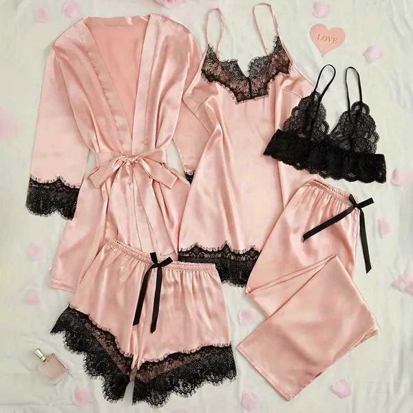 Womens Satin Sleepwear Pajama Set Pink Sexy Lingerie Bath Robe Lace Patchwork Silk Night Dress Trousers Home Clothed Nightwear S260506