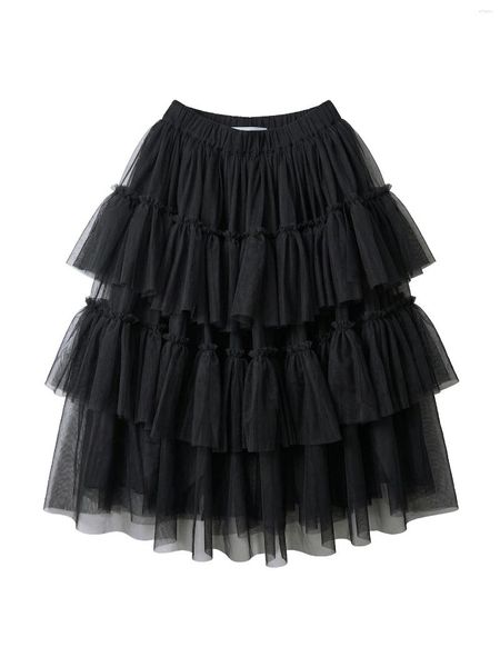 Skirts Forest Style Black Cake Skirt Imakokoni Spring Japanese Mesh High Waist Mid Length A-line For Women