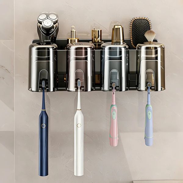 No Drill Toothbrush Holder Wall Mount Aluminum Bathroom Organizer with 4 Cups Waterproof Rustproof 260506