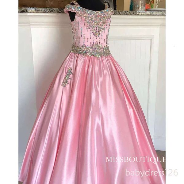 Little Miss Pageant Dress For Teens Junior Toddler Preteen 2026 Beading Ab-Stones Crystal Pink Satin Long Girls Prom Gown Formal Party Rosie Off-The-Shoulder Q58