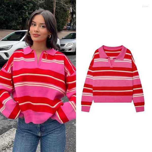 Women's Polos Polo Shirt Spring Striped Knit Collar Long Sleeve Casual Women Sweater Simple Female Tops