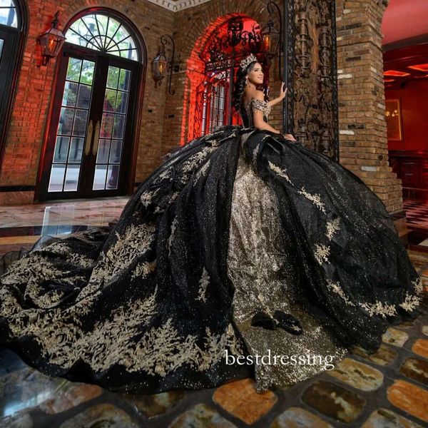 Black Shiny Quinceanera Dresses Off The Shoulder Applique Lace Beading Crystal Tull Ball Gown Vestidos De 15 Anos Sweet 16 Dress Bd58