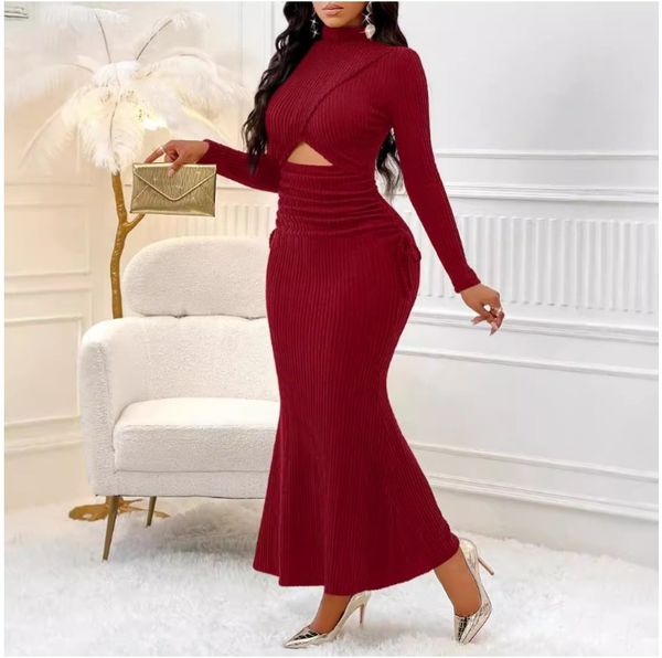 (1871) New Autumn European and American Style Round Neck Hip-hugging Dress