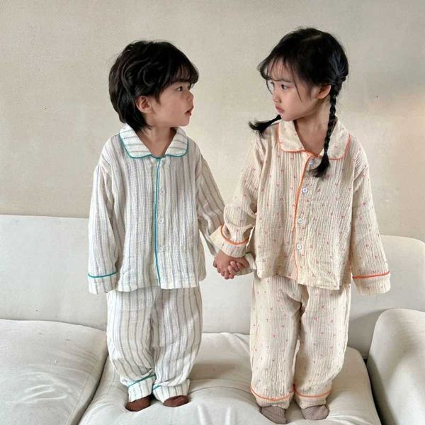 2026 New Childrens Cotton Pajamas Set Striped Full Sleeve Button ShirtTrousers 2 Pieces Suit Sleepwear Kids Soft Loose PyjamasJ260509