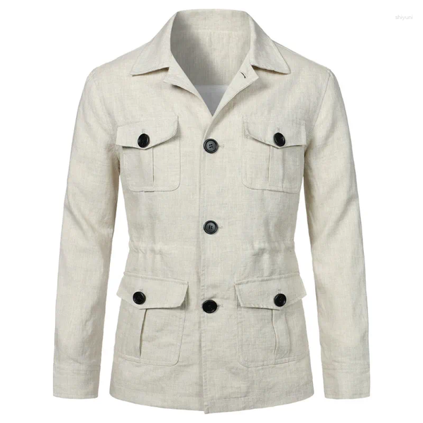 Men's Jackets Spring Lapel Multi-pocket Tooling Jacket Casual Linen