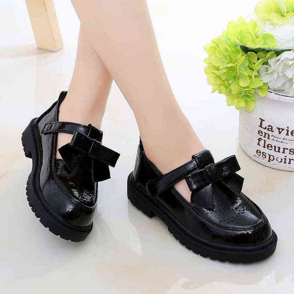 Kids Girls Oxfords Leather Flats T-Strap Children's Shoes Cut-Outs Breathable Anti-Slip British Vintage Style Bow 002