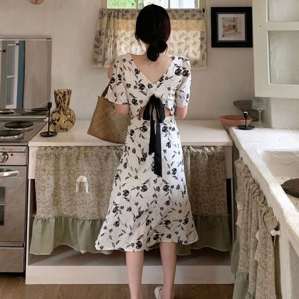 Womens Floral Print Midi Dress Summer 2026 French Style Tea Break Casual Elegance Long Dress Polyester Fabric V-Neck Short S 260422 M260731
