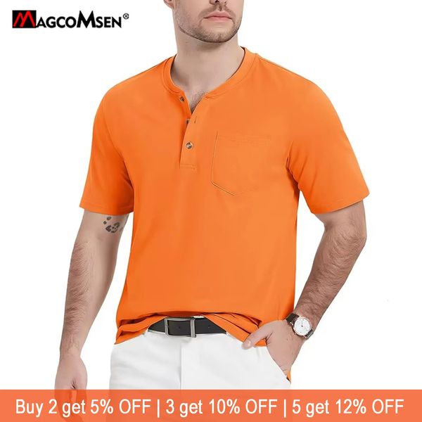 MAGCOMSEN Men's Cotton Casual T-Shirts Vintage Plain Shirts Summer Fashion Henley Shirts Short Sleeve with Pocket Tee Shirts