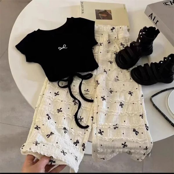 Girls Fashion Blouse Sets Summer Bow Tops Suits Baby Short Sleeve TShirt Pants 2 Piece Sweet Casual Kids Clothing 260507