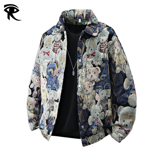 Bear Jacquard Men's Jacket Spring Summer All-Over Print Snap Button Denim Shirt…