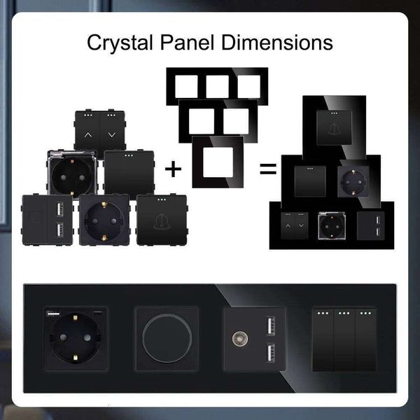 TAWOIA Black Tempered Glass Mechanical Button Switch EU Power Socket 20W PD Type-C USB Fast Charging TEL TV ST CAT5 RJ45 Plug