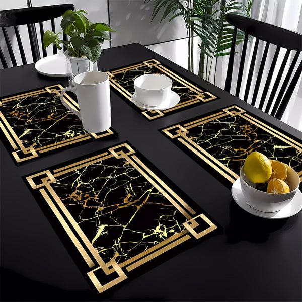 4pcs Black Golden Element Patterned Tableware Mats - Table Mats Coasters Placemats for Kitchen Dining Tables Party Decoration 260508