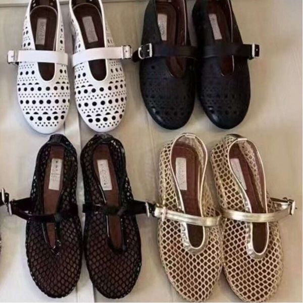 Sandals Designer Women Alaiaballet Flat Luxury Fishnet Shoes Alaiaflats Ballet Flats Rhinestone Flat Hollow Retro Mary Jane Flats For Women's Eur35-40