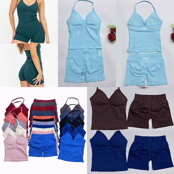 DHgate Dyfne Impact yoga outfits Workout Sets Longline Strappy Top Gym Set clothing Women Backless Tank Tops Scrunch Seamless Shorts Gym Suit Fitness Clothes Activewear sold by DHgate