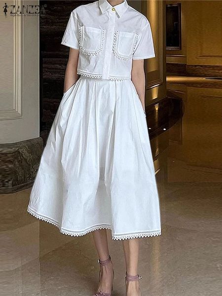 ZANZEA Womens Casual 2 Piece Sets Lace Trim Short Sleeve Crop Tops Aline Midi Skirts 2PCS Outfits Elegant Commute Skirt 260511