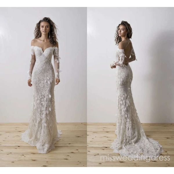 Elegant Mermaid Wedding Dresses - Long Sleeve Hollow Lace Applique Gown with Jewel Detail and Sweep Train