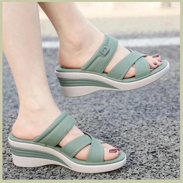 Slippers 2026 Summer Women Platform 6cm Wedges High Heels Female Soft Leisure Fashion Shoes Lady Green Slip On Comfortable