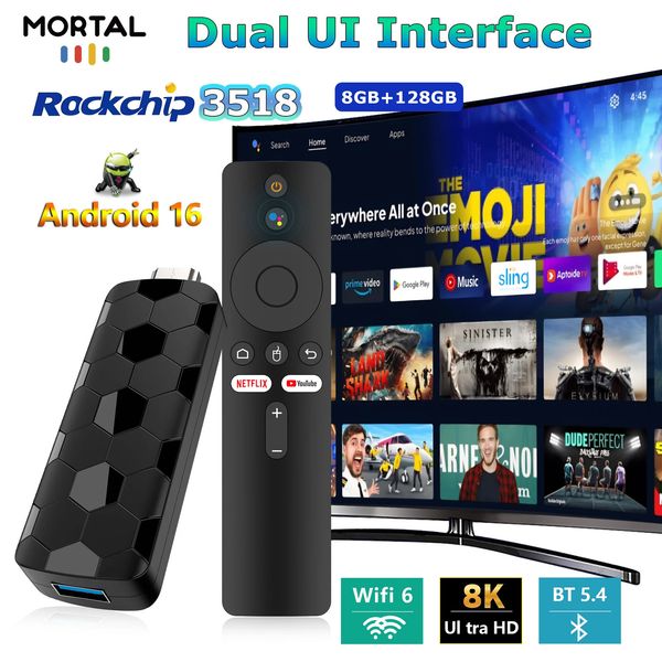 2025 R3 Smart Android TV Stick Rockchip RK3518 with Wifi6 Dual 8GB 128GB 8K 3D HDR Google Voice Remote DC 5V 2A 260511