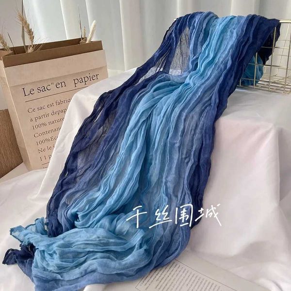 VREOVOR Scarf Cotton Hemp Gradient Blue Autumn Winter Retro Versatile Printed Womens Long Fold Shawl Elegant and Fashionable L260513