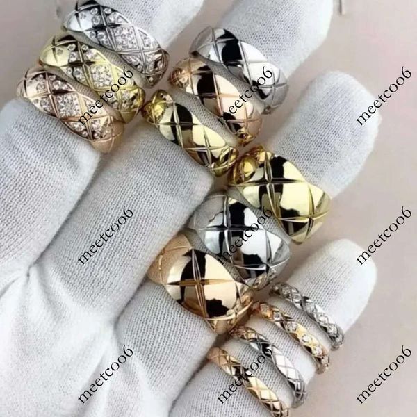 Width 4mm 6mm 10mm branded stamp High polished pineapple grid Ring 18K Gold Silver Rose Stainless Steel diamond thin wide Rings Women men wedding Jewelry USA