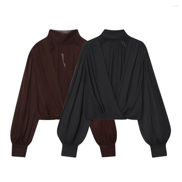 Women's Blouses ZYIG 2026 Spring/Summer Clothing Stand Collar Short Semi-Transparent Pleated Balloon Shirt
