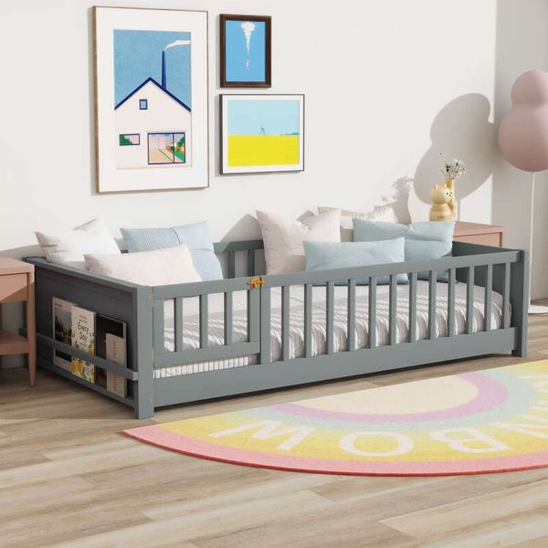 Twin Size Floor Bed with Built-in Book Rack and Door,Grey(Old Sku:W504P143311)