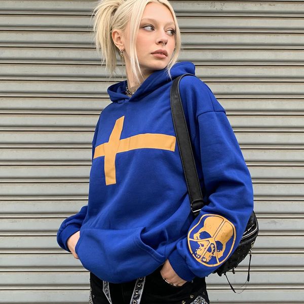 Autumn Winter Letter Skull Printed Long Sleeve Loose Pullover American Contrast Gothic Casual Hoodies Subculture Punk Streetwear