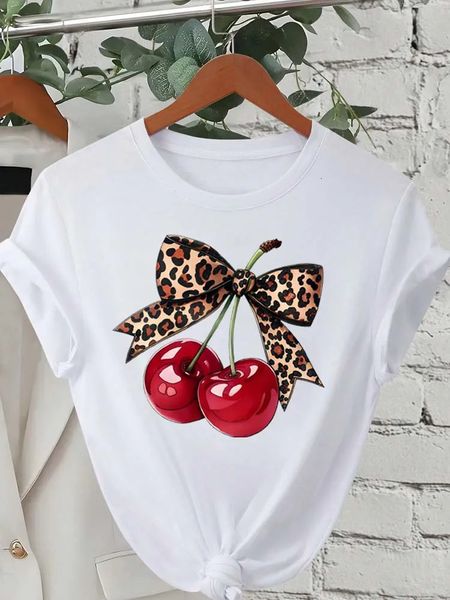 Fashion Cherry Print Women TShirt Short Sleeve Crew Neck Casual Tops for Summer Spring Women's Clothing Tees