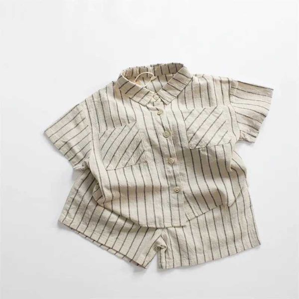deer jonmi 2026 Summer Korean Style Baby Boys Striped Outfits Cotton Linen Shirts Shorts 2pcs Children Casual Loose SetsL260514FQMV