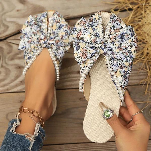 Slippers Summer Fashion Comfortable Pearl Bow Round Head Flat Sandals Bag Toe Versatile Large Size Simple For Women