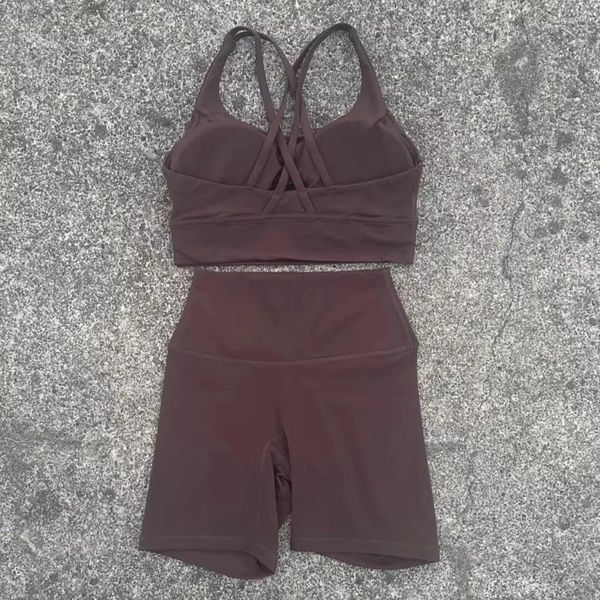 Active Sets Solid Color Athletic Women Soft Gym Yoga Set Cycling Short Leg 2pc Cross Sport Bra Tracksuit Suit Comprehensive Training Jog