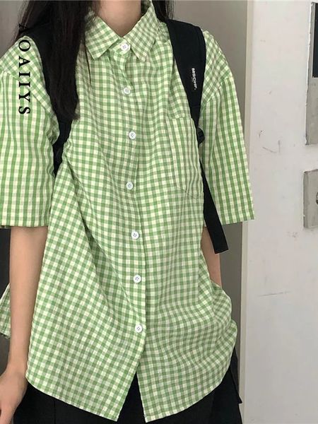 Aoaiiys Vintage Shirt Women Green Plaid Casual Tops Japanese Kawaii Fashion Shirts Summer Harajuku Y2K Short Sleeve Blouse