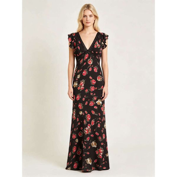 European and American 2026 Summer New Designer French Elegant Black Flower Double V-neck Tie Medium Long Dress