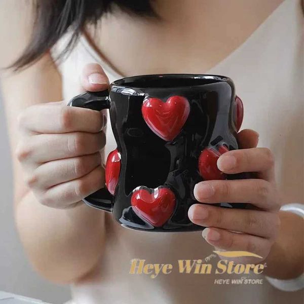 3D Heart-shaped Design Vintage Ceramic Mug Cute Large Capacity 3D Embossed Coffee Cup Kitchen Drinkware SetJ260515