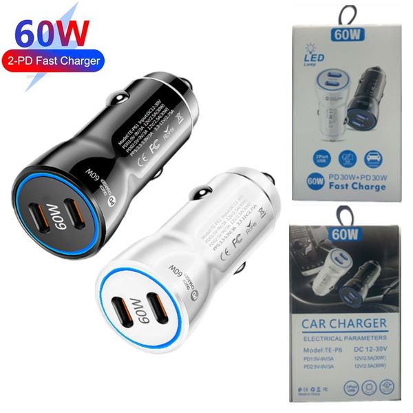60W USB C Car Charger Dual PD Ports Quick Charge Type C Cellphone Fast Charging Power Adapter Cigarette Lighter Plug For iphone Samsung Huawei Xiaomi MP3 Tablet Gaming