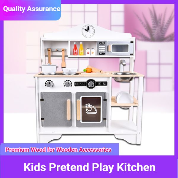 Wooden Kids Pretend Play Kitchen Set - Large Cooking Playset with Microwave Oven Sink & Accessories, Educational Role Play Toy for Toddlers BLLN-1580