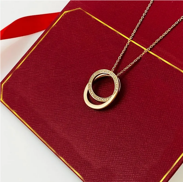 Luxury Unisex Necklace designer Jewellery party Sterling Silver double rings diamond pendant Rose Gold necklaces for women fancy dress long chain jewely gift AA